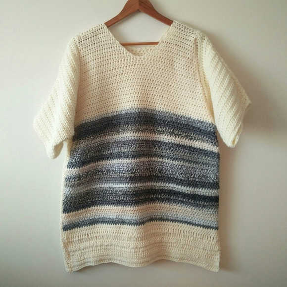 Hand Knit Short Sleeve Cream & Grey Blue Stripped Tunic Sweater - Picture 11 of 13